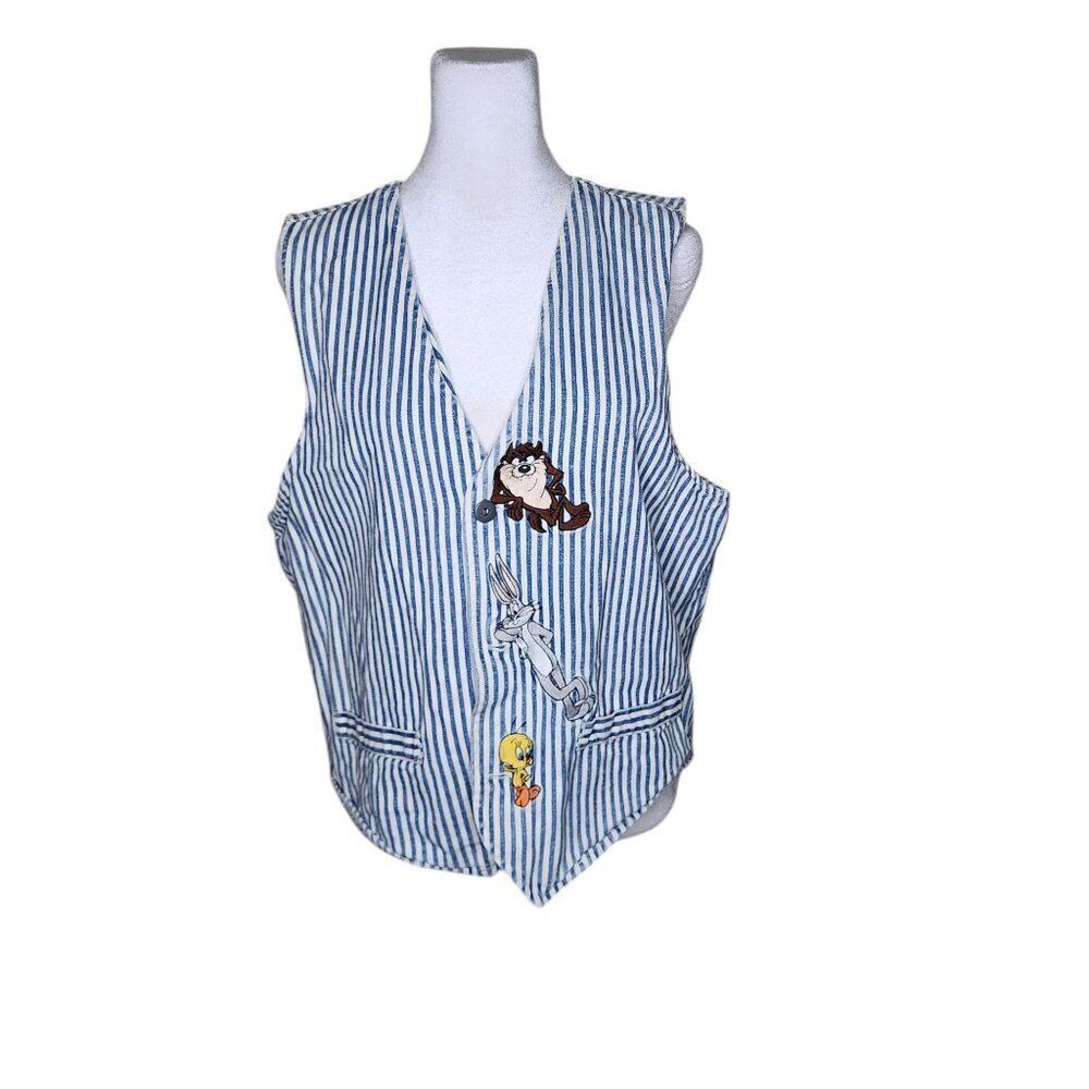 Vintage 90s Warner Bros Looney Tunes Vest Mens M Blue Taz Bugs Tweety